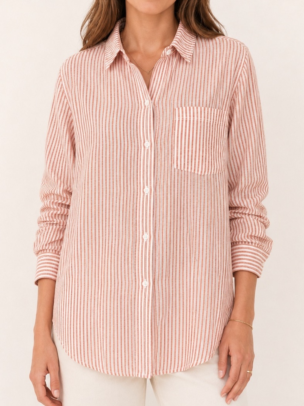Jenni Kayne 100% Cotton Striped Button Down Shirt Rust White L